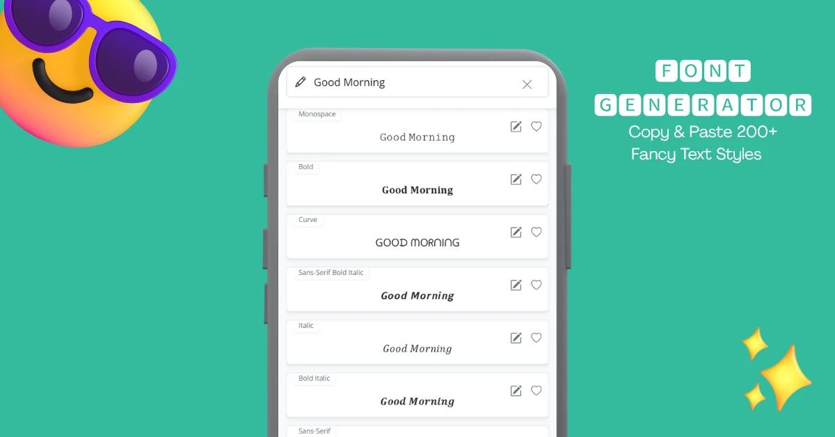 Mobile view of the Font Generator tool showing multiple cool text styles